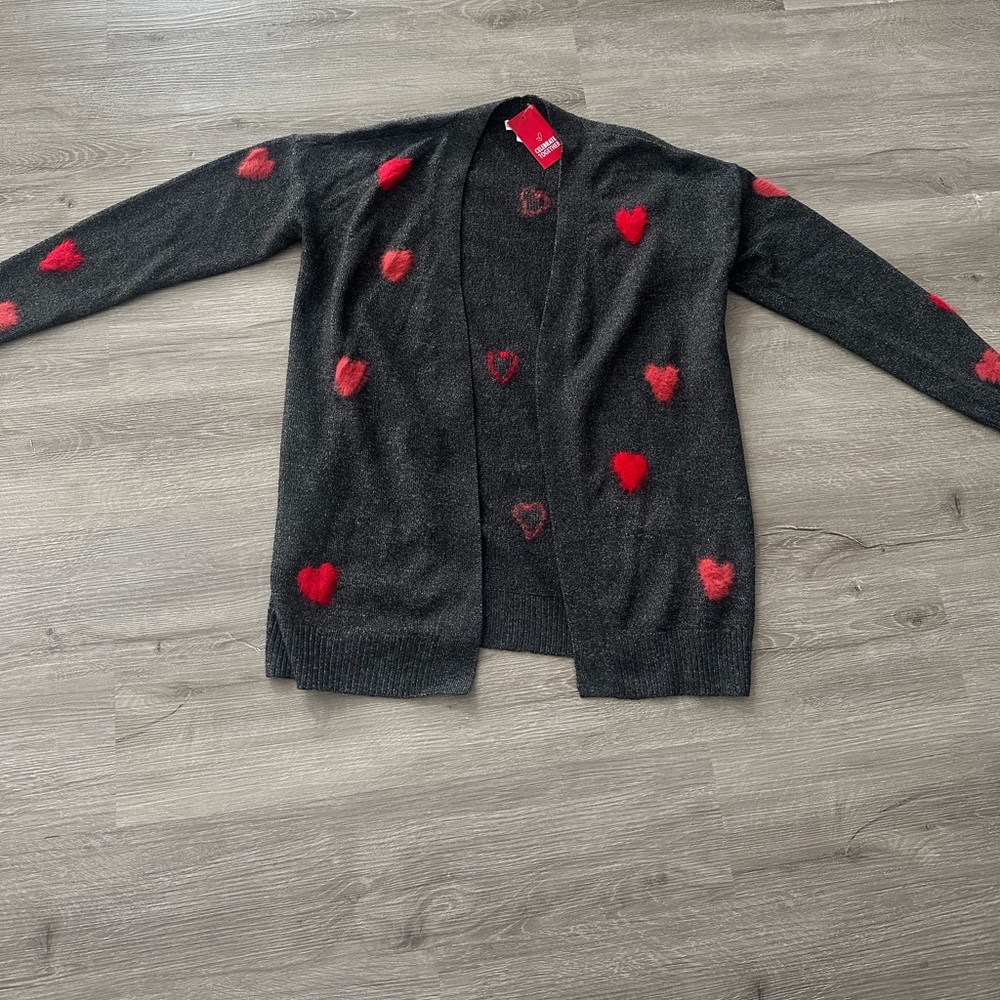 Gray Cardigan with Red Hearts Valentine’s Day